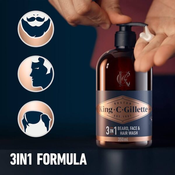 King C. Gillette Beard Shampoo & Face Wash, 350 ml, with Coconut Water, Argan Oil & Avocado Oil, Helps Beard Growth - Image 2